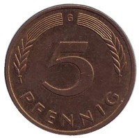 Дубовые листья. Монета 5 пфеннигов. 1990 год (G), ФРГ.