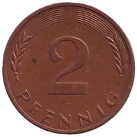 Дубовые листья. Монета 2 пфеннига. 1979 год (J), ФРГ.