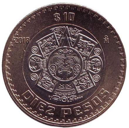 Монета 10 песо. 2018 год, Мексика. UNC. Тонатиу. Ацтекский солнечный камень. Орёл.