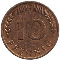 Дубовые листья. Монета 10 пфеннигов. 1967 год (J), ФРГ.