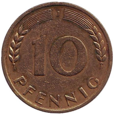 Монета 10 пфеннигов. 1967 год (J), ФРГ. Дубовые листья.