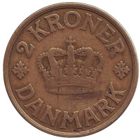 Монета 2 кроны. 1924 год, Дания. Кристиан X.