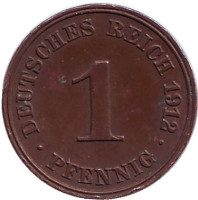 Монета 1 пфенниг. 1912 год (J), Германская империя.