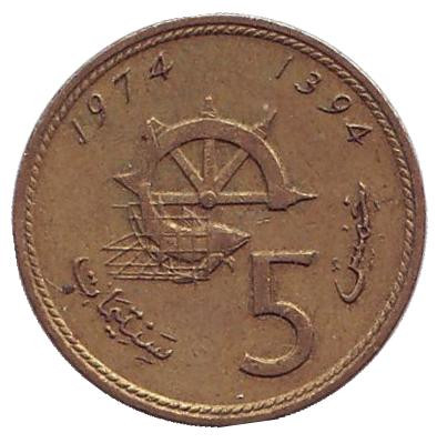 Монета 5 сантимов. 1974 год, Марокко. Из обращения. FAO.