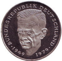 Курт Шумахер. Монета 2 марки. 1980 год (J), ФРГ. UNC.