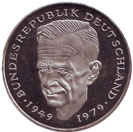 Монета 2 марки. 1980 год (J), ФРГ. UNC. Курт Шумахер.