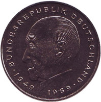 Конрад Аденауэр. Монета 2 марки. 1983 год (D), ФРГ. UNC.