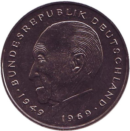 Монета 2 марки. 1983 год (D), ФРГ. UNC. Конрад Аденауэр.