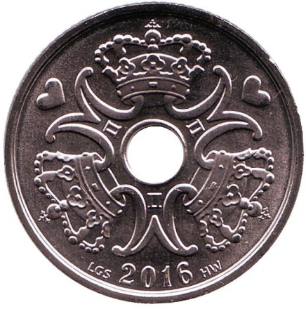 Монета 5 крон. 2016 год, Дания. Монета 5 крон. 2016 год, Дания.