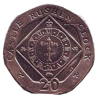 Монета 20 пенсов. 2016 год, Остров Мэн. Часы замка Рашен.