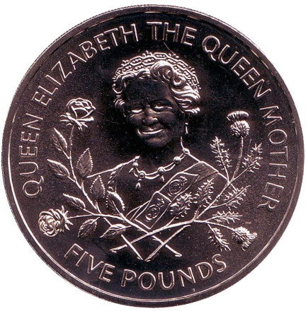 Монета 5 фунтов. 1995 год, Гернси. Королева-мать Елизавета.