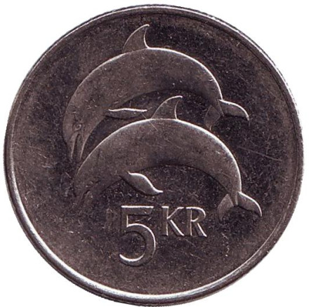 Монета 5 крон, 1999 год, Исландия. Дельфины.