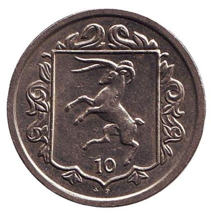 Монета 10 пенсов. 1984 год, Остров Мэн. (Отметка "AF"). Мэнский лохтан.