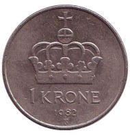 Монета 1 крона. 1982 год, Норвегия. Корона. Монета 1 крона. 1982 год, Норвегия. Корона.