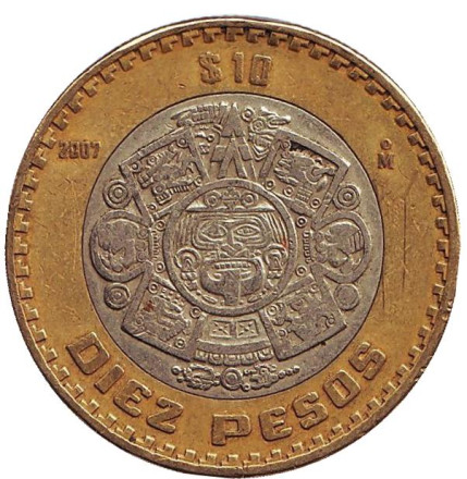 Монета 10 песо. 2007 год, Мексика. Тонатиу. Ацтекский солнечный камень. Орел.