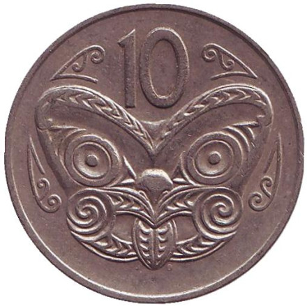 Монета 10 центов. 1971 год, Новая Зеландия. Из обращения. Маска маори.