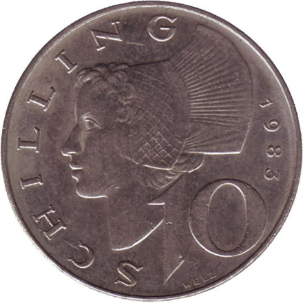 Монета 10 шиллингов. 1983 год, Австрия. Женщина из Вахау.