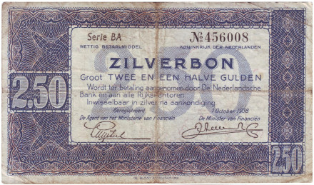 Банкнота 2,5 гульдена. 1938 год, Нидерланды.