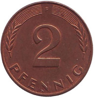 Дубовые листья. Монета 2 пфеннига. 1987 год (F), ФРГ.