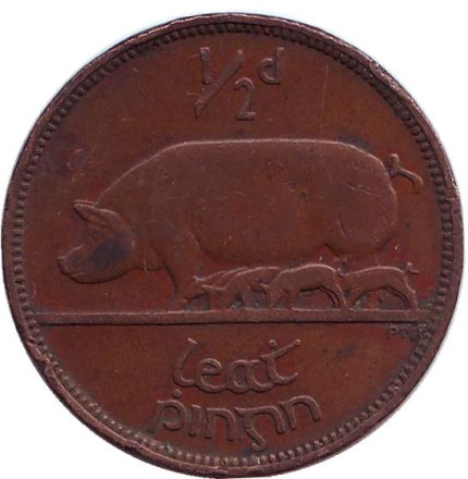 Монета 1/2 пенни. 1941 год, Ирландия. Свинья.