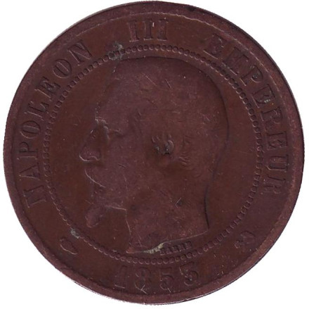 Монета 10 сантимов. 1853 год (B), Франция. Наполеон III.