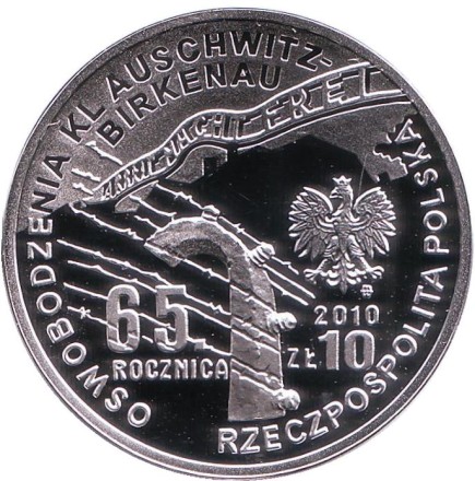 Монета 10 злотых. 2010 год, Польша. 65 лет освобождения концлагеря Аушвиц-Биркенау. Монета 10 злотых. 2010 год, Польша. 65 лет освобождения концлагеря Аушвиц-Биркенау.