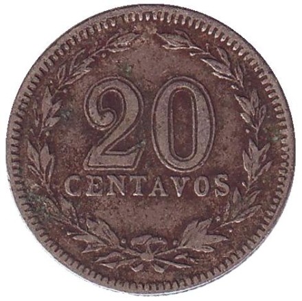 Монета 20 сентаво. 1918 год, Аргентина. Монета 20 сентаво. 1918 год, Аргентина.