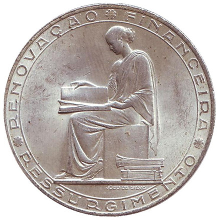 Монета 20 эскудо. 1953 год, Португалия. 25 лет финансовой реформе.