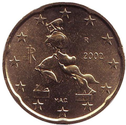 Монета 20 центов, 2002 год, Италия.