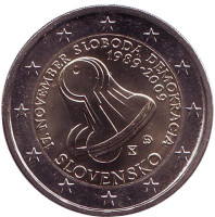 20 лет с начала Бархатной Революции. Монета 2 евро, 2009 год, Словакия.