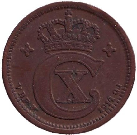 Монета 2 эре. 1914 год, Дания. Монета 2 эре. 1914 год, Дания.