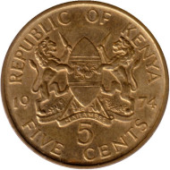 Монета 5 центов. 1974 год, Кения. Монета 5 центов. 1974 год, Кения.