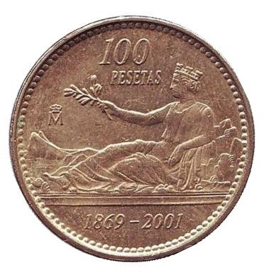 Монета 100 песет. 2001 год, Испания. Из обращения. 132 года песете (прощание с песетой).