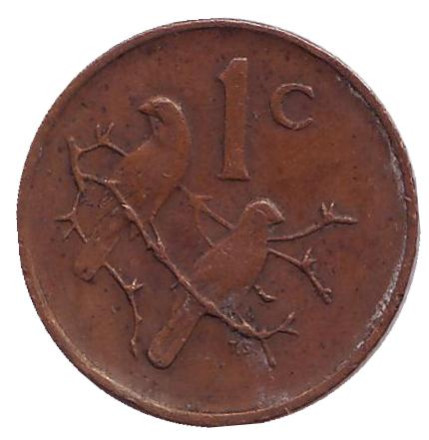 Монета 1 цент. 1976 год, ЮАР. Окончание президентства Якобуса Йоханнеса Фуше. Воробьи.