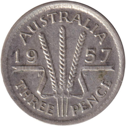 Монета 3 пенса. 1957 год, Австралия.