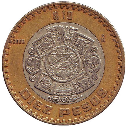 Монета 10 песо. 2009 год, Мексика. Тонатиу. Ацтекский солнечный камень. Орел.