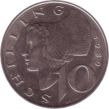 Монета 10 шиллингов. 1989 год, Австрия. Женщина из Вахау.