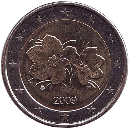 Монета 2 евро. 2009 год, Финляндия. Цветы и ягоды морошки.