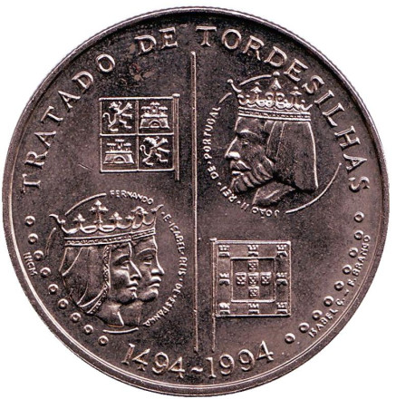 Монета 200 эскудо. 1994 год, Португалия. Тордесильясский договор.
