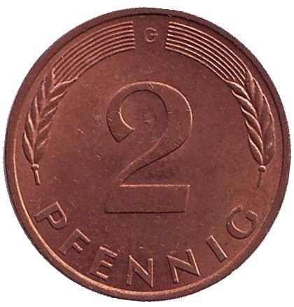 Монета 2 пфеннига. 1988 год (G), ФРГ. Дубовые листья.