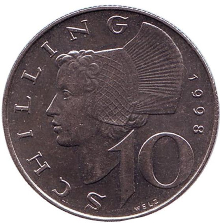 Монета 10 шиллингов. 1998 год, Австрия. Женщина из Вахау.