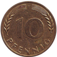 Дубовые листья. Монета 10 пфеннигов. 1968 год (F), ФРГ.