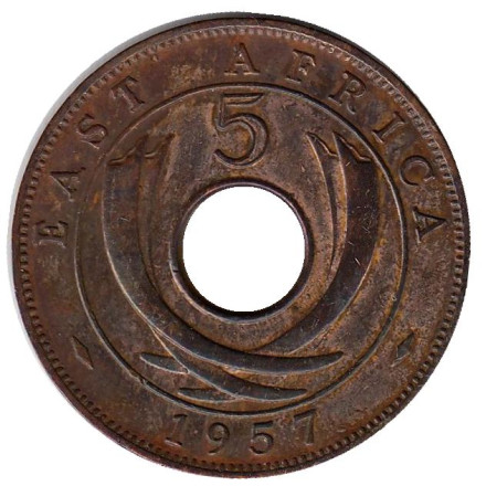 Монета 5 центов. 1957 год (H), Восточная Африка.