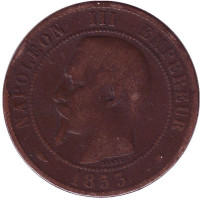 Наполеон III. Монета 10 сантимов. 1853 год (BB), Франция.
