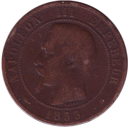 Монета 10 сантимов. 1853 год (BB), Франция. Наполеон III.
