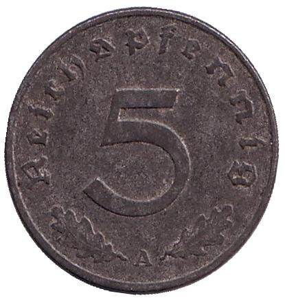 Монета 5 рейхспфеннигов. 1941 год (A), Третий Рейх (Германия).