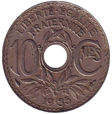 Монета 10 сантимов. 1935 год, Франция.