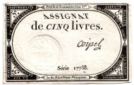 Бона 5 ливров. 1790-е гг., Франция. Ассигнат. Бона 5 ливров. 1790-е гг., Франция. Ассигнат.