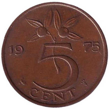 Монета 5 центов. 1975 год, Нидерланды.