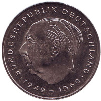 Теодор Хойс. Монета 2 марки. 1981 год (F), ФРГ. UNC.